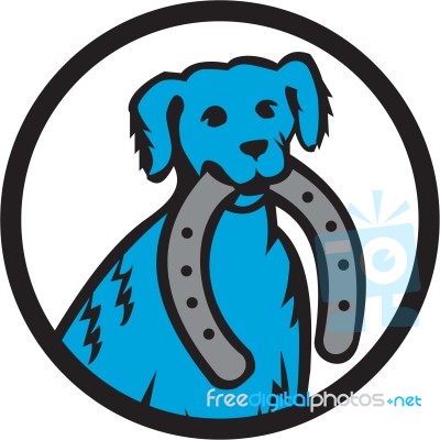 Blue Merle Dog Biting Horseshoe Circle Retro Stock Image