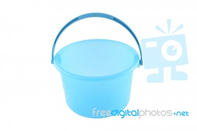 Blue Plastic Bucket Handle Up On White Background Stock Photo
