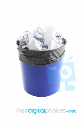 Blue Plastic Trash And Paper In Garbage Bag On White Background Stock Photo