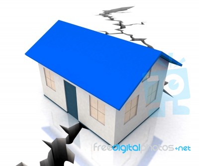 Blue Roof House On Crack Shows Disaster Stock Image
