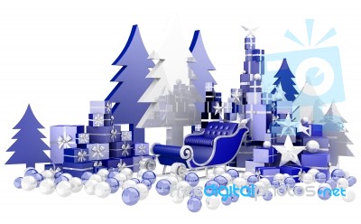 Blue Santa Sleigh And Blue Gifts Isolated On White Background Stock Image