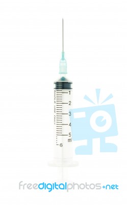 Blue Syringe Isolated On White Background On Vertical View Stock Photo