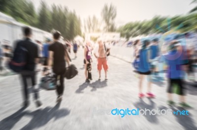 Blurred Crowd Of Athlete For Marathon Under Sunlight Stock Photo