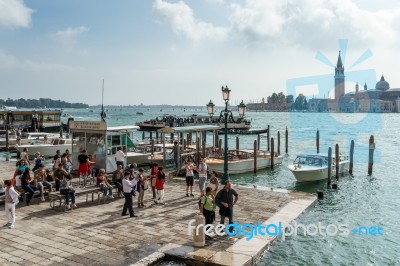 Boats Moored Near The Entrance To The Grand Canal Venice Stock Photo