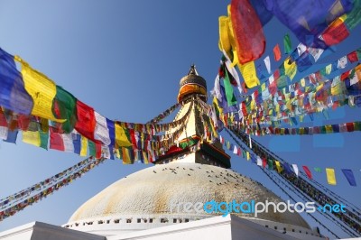 Bodhnath Stupa With Colorful Flag Stock Photo