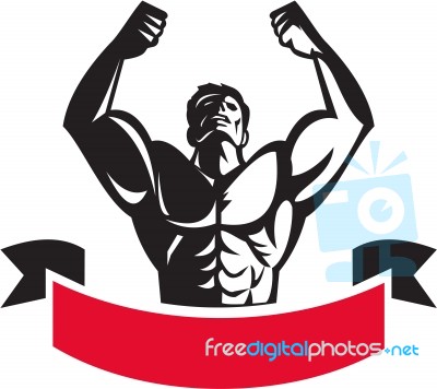 Body Builder Flexing Muscles Banner Retro Stock Image