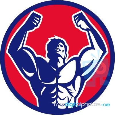 Body Builder Flexing Muscles Circle Retro Stock Image