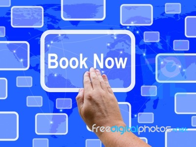 Book Now Touch Screen Shows Hotel Or Flights Reservation Stock Image