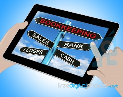 Bookkeeping Tablet Means Sales Ledger Bank And Cash Stock Image