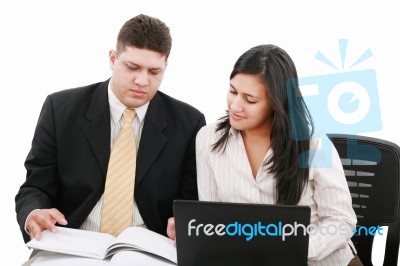 Boss And Secretary With Laptop Stock Photo