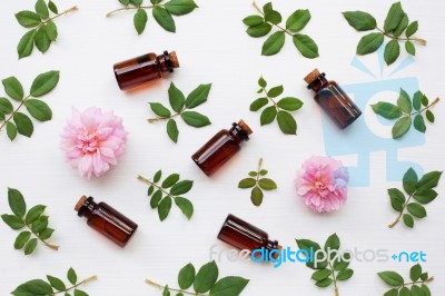 Bottles Of Essential Rose Oil For Aromatherapy Stock Photo