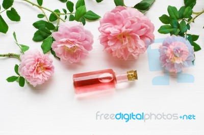Bottles Of Essential Rose Oil For Aromatherapy Stock Photo