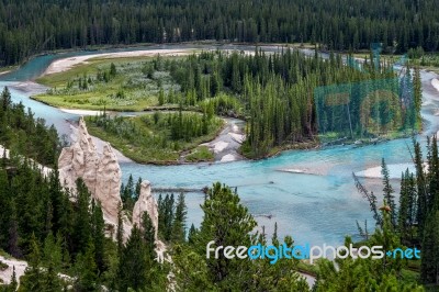 Bow River And The Hoodoos Near Banff Stock Photo
