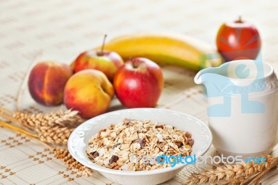 Bowl Of Muesli For Breakfast With Fruits Stock Photo