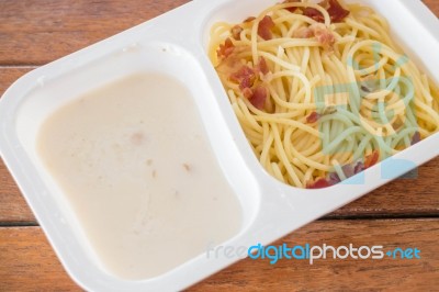 Box Set Of Spaghetti Carbonara With Bacon And Cheese Stock Photo