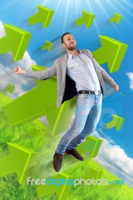 Boy Carried Into The Sky Stock Photo