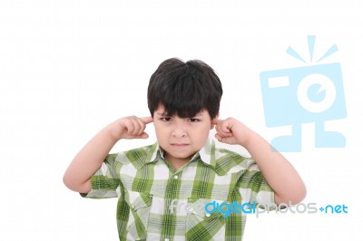 Boy Closed His Ears Stock Photo