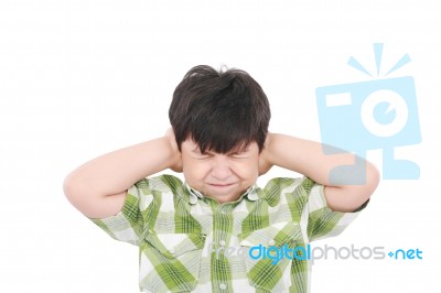 Boy Closing His Eyes And Ears Stock Photo