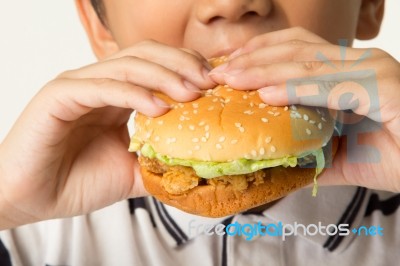 Boy Eating A Burger Stock Photo