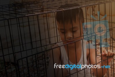 Boy Or Kid Imprison In Cage, Kidnap Or Missing Child Concept Stock Photo