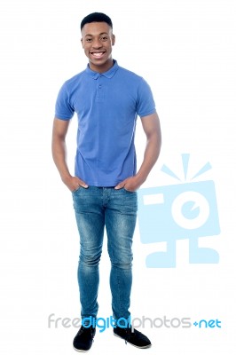 Boy Posing In Denims, Full Length Shot Stock Photo