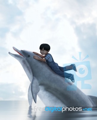 Boy Riding On A Dolphin,3d Illustration Stock Image