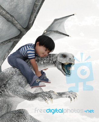 Boy Riding The Dragon,3d Illustration Stock Image