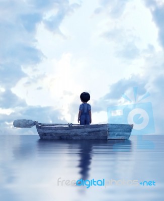 Boy Standing On An Old Wooden Rowboat In The Sea,3d Illustration… Stock Image