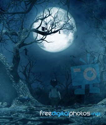 Boy Walking Alone At Night Under The Moonlight Stock Image