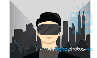 Boy Wearing Virtual Reality Goggles Visualizing World Places Stock Image