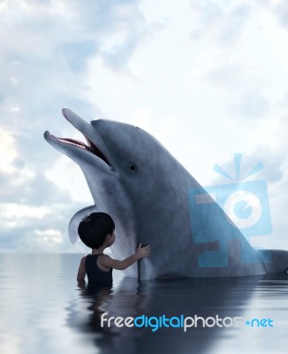 Boy With A Dolphin,3d Illustration Stock Image