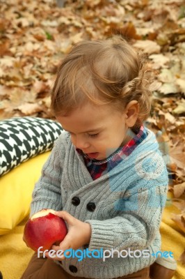 Boy  With Apple In Park Stock Photo