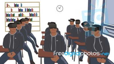 Boys Sitting In Classroom Wearing Virtual Reality Headset Stock Image