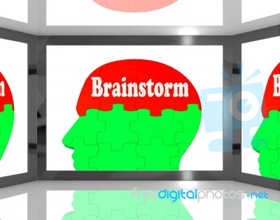 Brainstorm On Brain On Screen Showing Group Of Words Stock Image