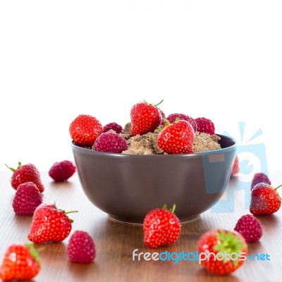 Bran Flakes With Fresh Raspberries And Strawberries Stock Photo