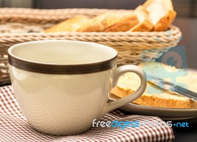 Breakfast Black Coffee Indicates Meal Time And Bread Stock Photo