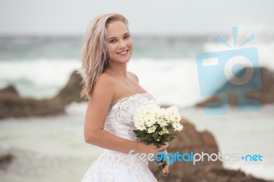 Bride At Snapper Rock Beach In New South Wales Stock Photo