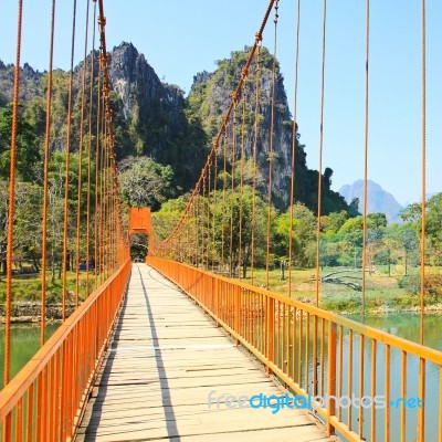 Bridge Over Song River, Vang Vieng, Laos Stock Photo