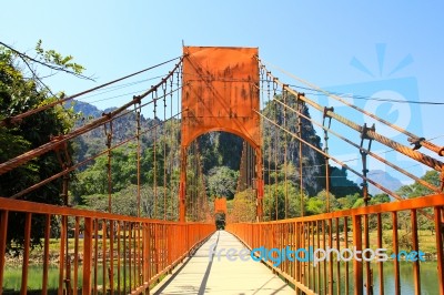Bridge Over Song River, Vang Vieng, Laos Stock Photo