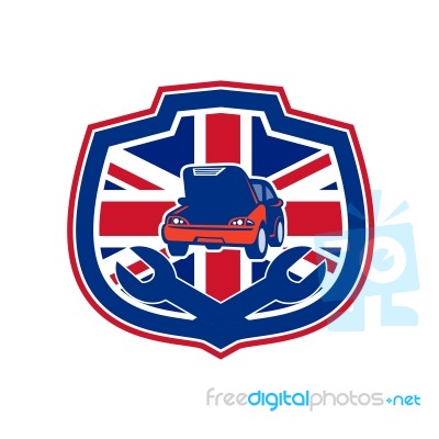 British Auto Repair Shop Union Jack Flag Crest Stock Image