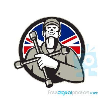 British Tyre Technician Lug Wrench Union Jack Flag Circle Icon Stock Image