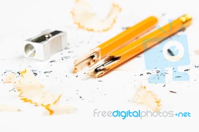 Broken Pencil With Metal Sharpener And Shavings Stock Photo