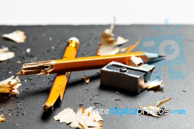Broken Pencil With Metal Sharpener And Shavings Stock Photo