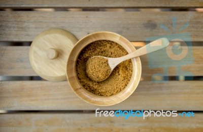 Brow Sugar In Wooden Sugar Bowl Stock Photo