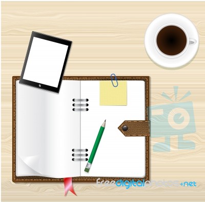 Brown Leather Notebook, Pencil, Coffee And Mobile Phone Stock Image
