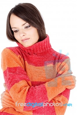 Brunette Woman In Wool Sweater Stock Photo