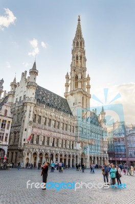Brussels, Belgium - May 13, 2015: Many Tourists Visiting Famous Stock Photo