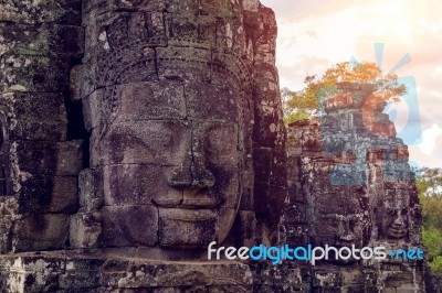 Buddhist Faces Bayon Temple, Angkor Wat In Cambodia Stock Photo
