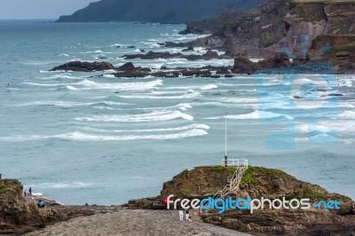 Bude, Cornwall/uk - August 15 : Rocky Coastline At Bude In Cornw… Stock Photo