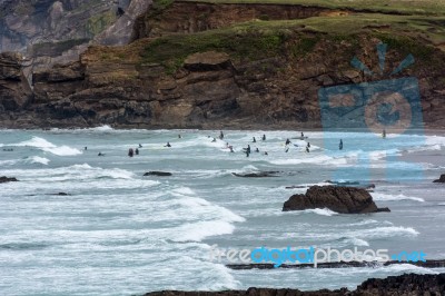 Bude, Cornwall/uk - August 15 : Rocky Coastline At Bude In Cornw… Stock Photo